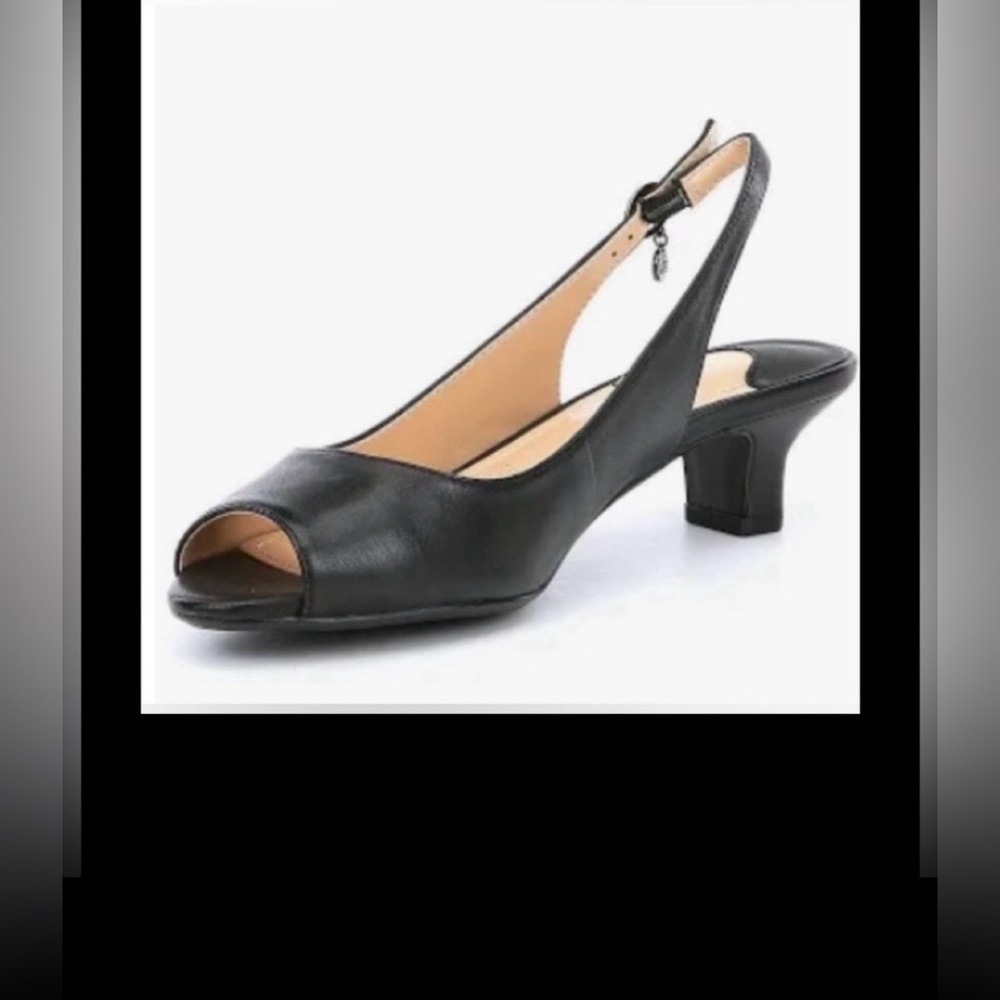 J.Renee Aldene Leather Sandals Slingback Kitten Heels Peep Toe Black size 7.5